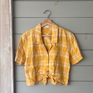 Wilfred Free Yellow Plaid Tie Front Collared Linen Shirt